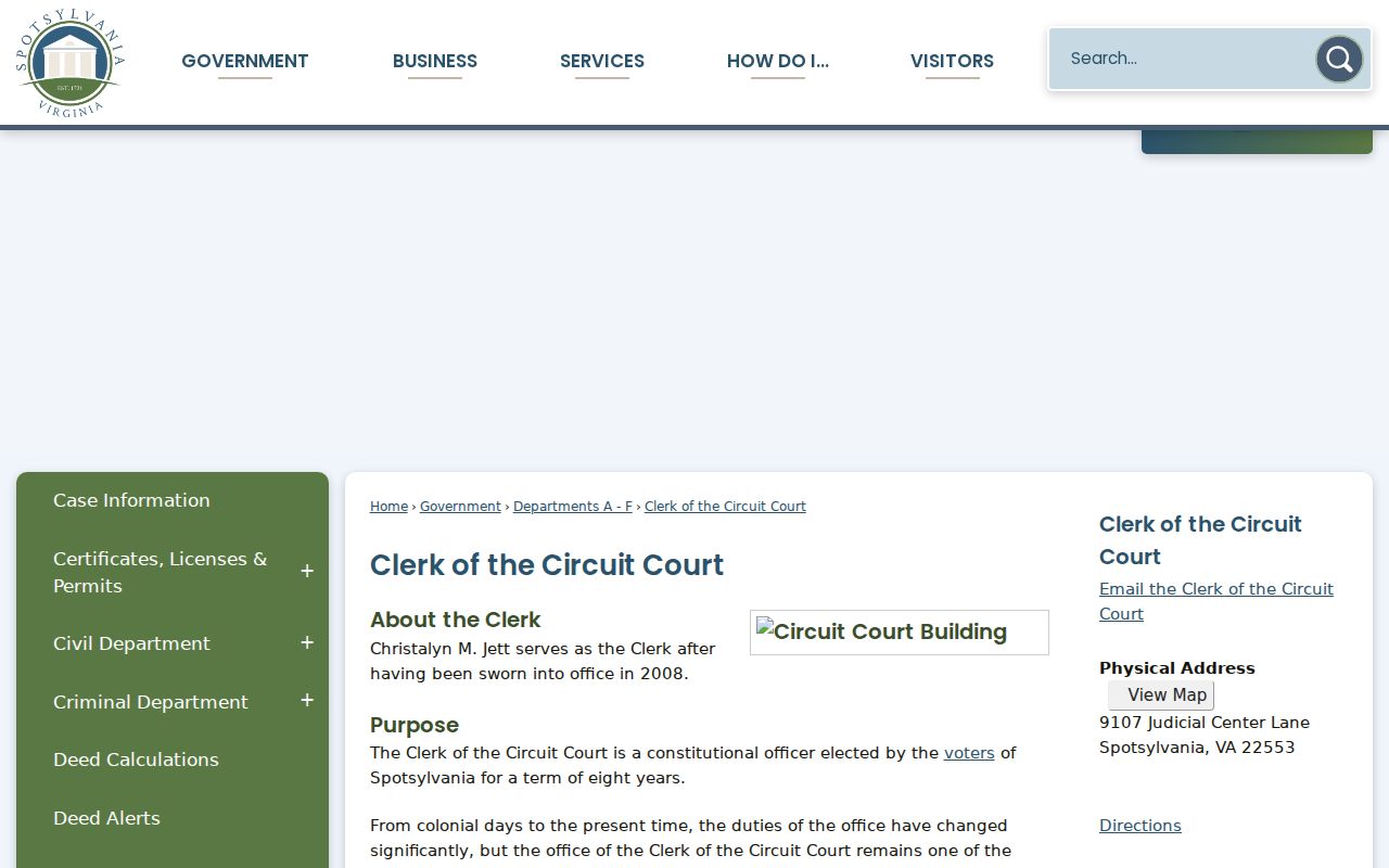Spotsylvania County warrant and felony record contact at the Circuit Clerk