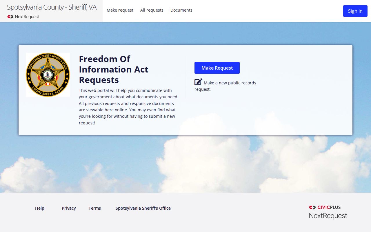 Spotsylvania County warrant record request portal entry point