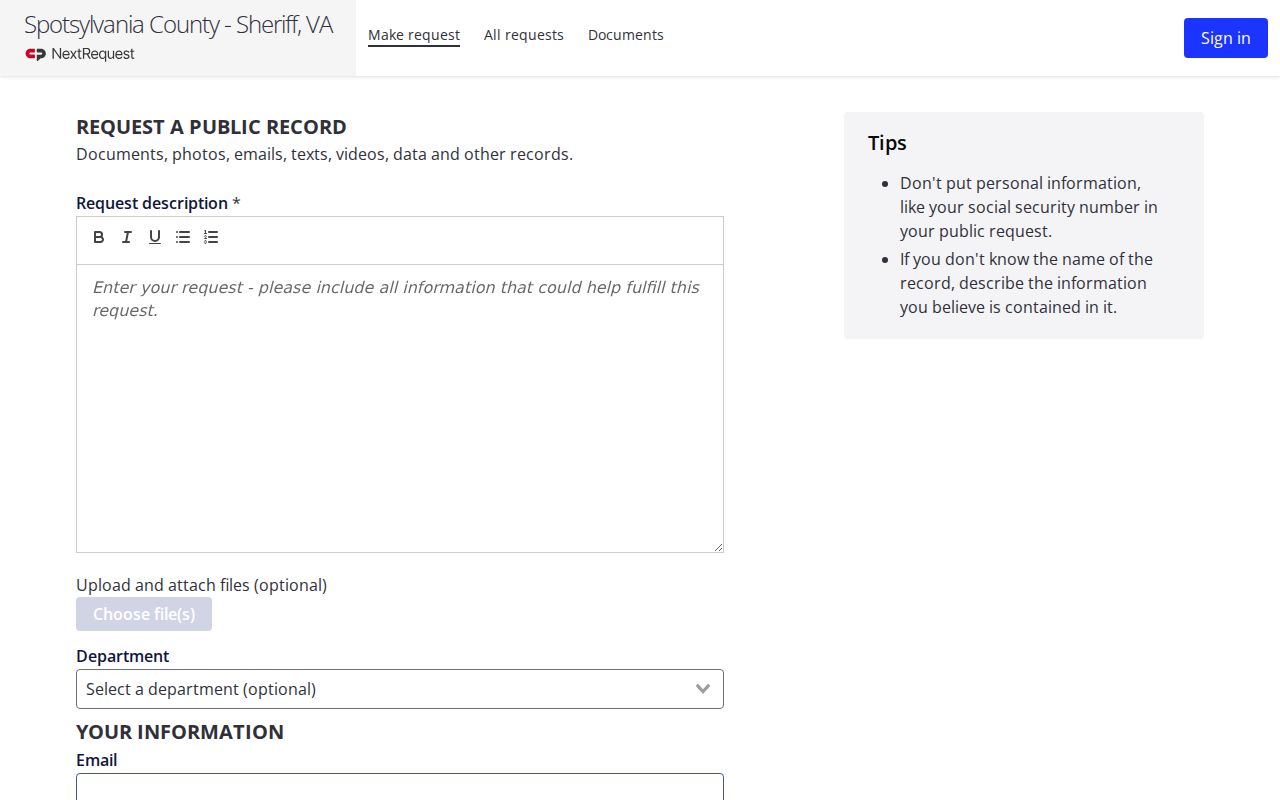 Spotsylvania County warrant records request interface for Sheriff FOIA