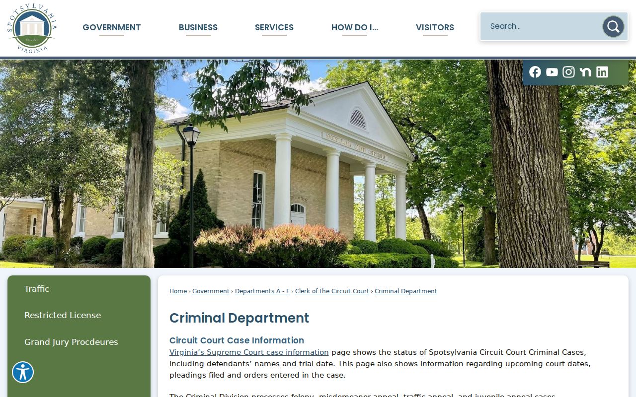 Spotsylvania County arrest warrant court records at the Circuit criminal department