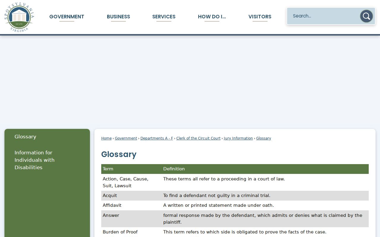Spotsylvania County bench warrant and capias terms in the county glossary