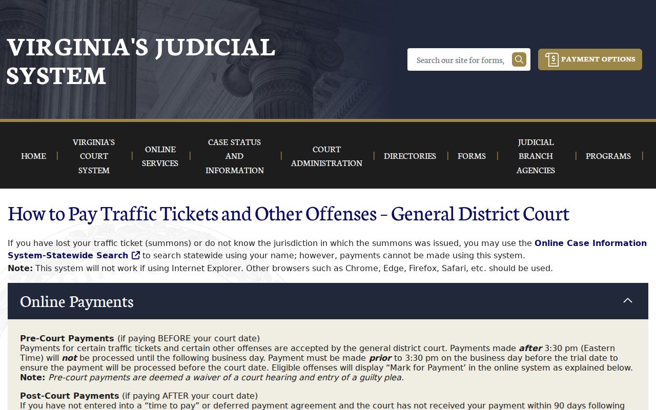 Spotsylvania County traffic warrant search by court, name, case number, and hearing date