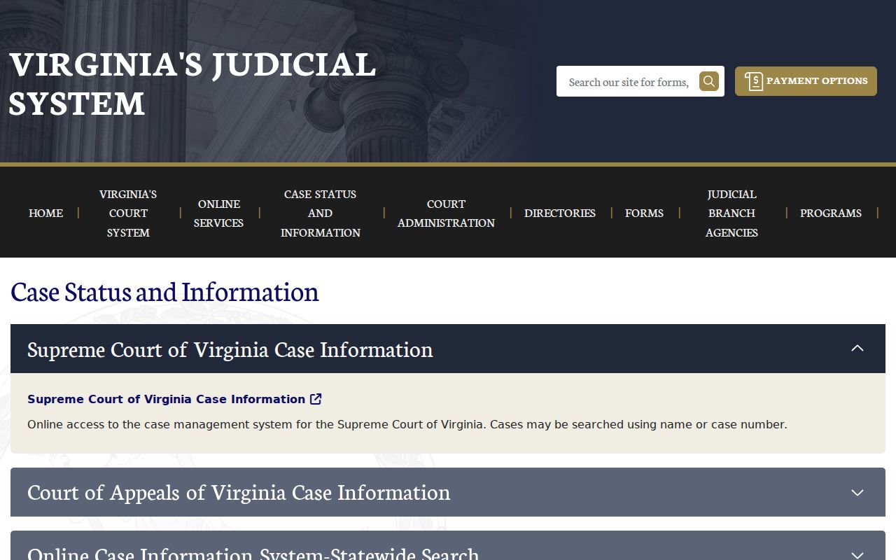 Spotsylvania County warrant case search menu for Circuit, GDC, and JDR records