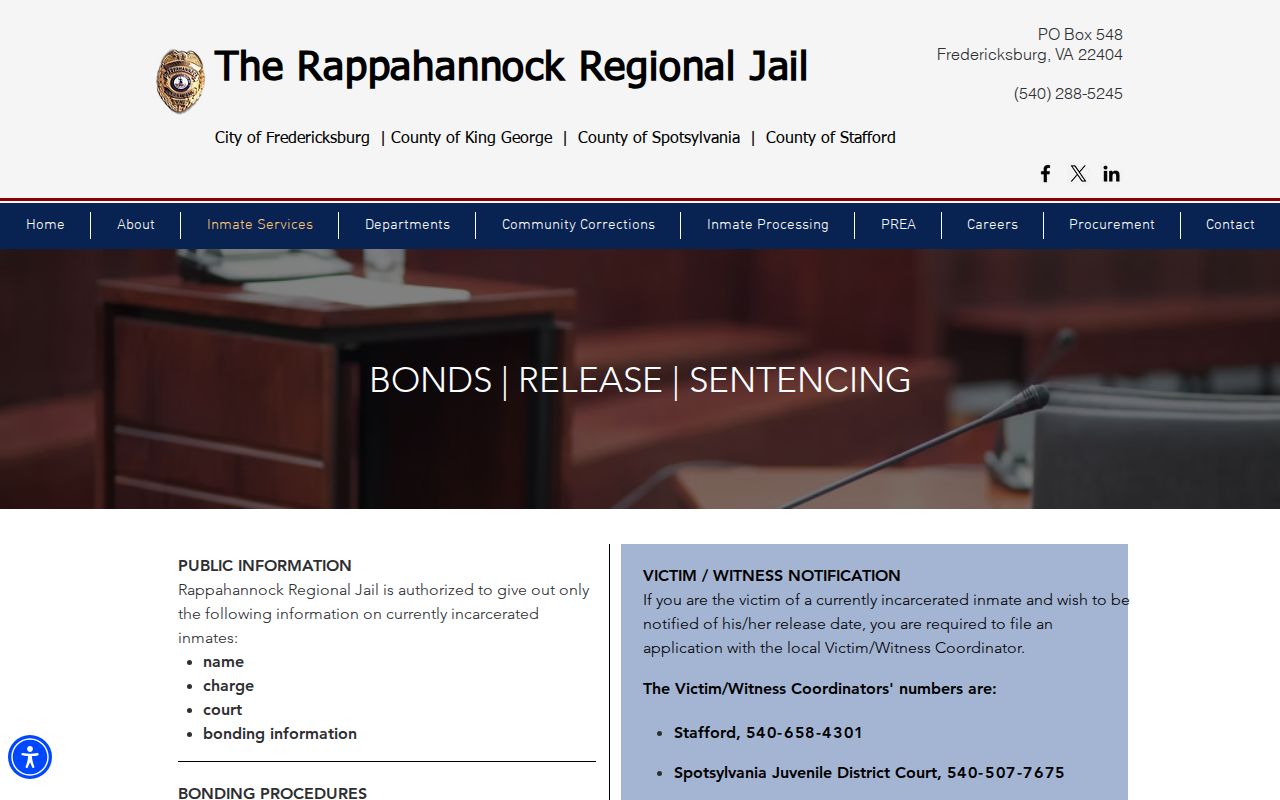 Spotsylvania County bench warrant bond and release information from the regional jail